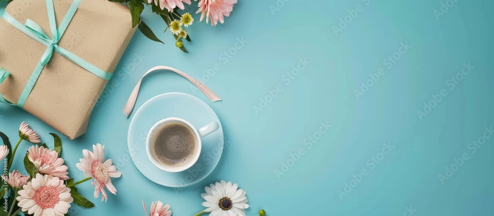 Poster blue background with top down view of an empty notebook gift box coffee cup and flowers ideal for te