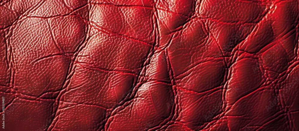 Poster close up image of authentic red leather texture with embossed pattern resembling glossy leatherette 