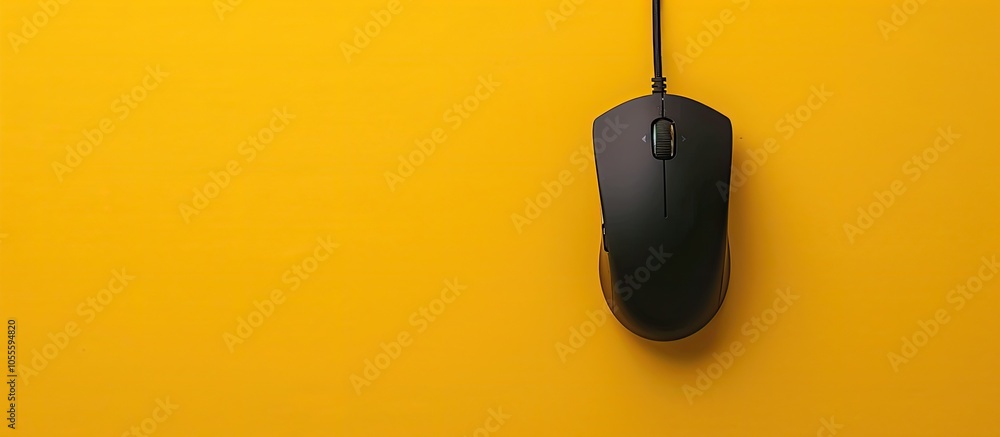 Poster top down view of a single wired mouse on a yellow backdrop with copy space image available