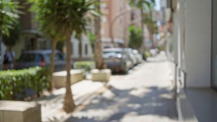 Blurred outdoor street scene with defocused background featuring urban cars, buildings, trees, shadows, summer, and a person walking.