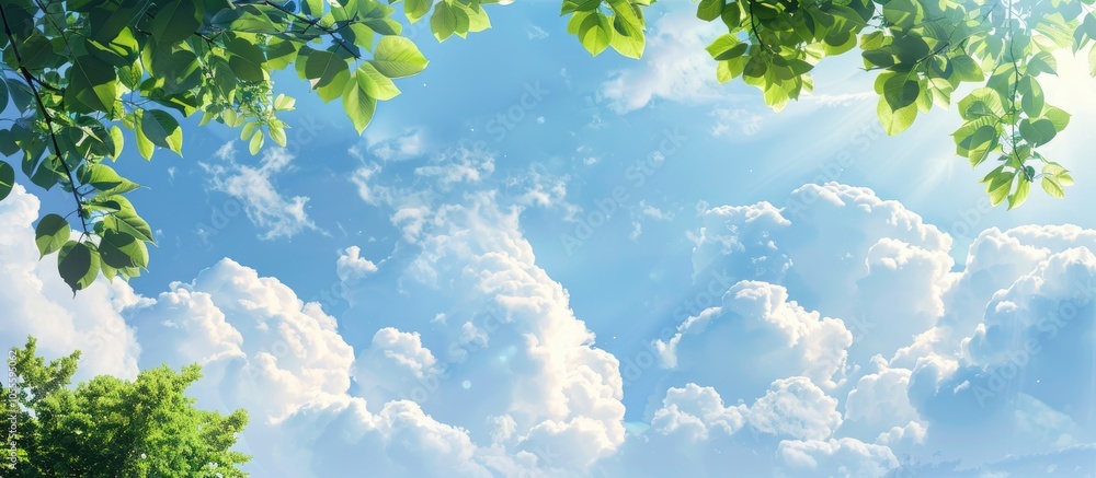 Poster a picturesque scene featuring green tree branches set against a backdrop of fluffy white clouds in a