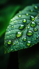 A high-definition macro photograph of crystal-clear water droplets delicately perched on the surface of a vibrant green leaf after a fresh rain.