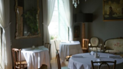 Blurred restaurant interior with defocused tables and chairs emphasizing an elegant and serene dining atmosphere