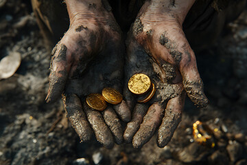 Obraz premium The muddy and dirty hands of a gold digger found a gold bar in a gold mine.