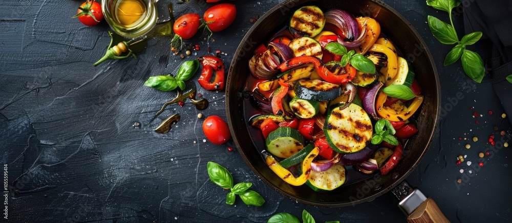 Poster colorful and healthy meal of grilled vegetables displayed on a frying pan in a flat lay composition 