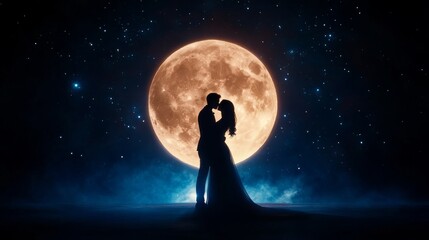 Romantic silhouette under a full moon at night