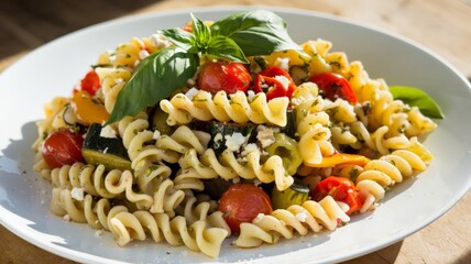  Fusilli pasta salad with vegetables and feta cheese on a white plate.