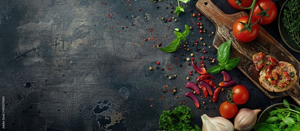 Aufkleber top view of vegetables on a cutting board creating a food background with copy space image for prepp