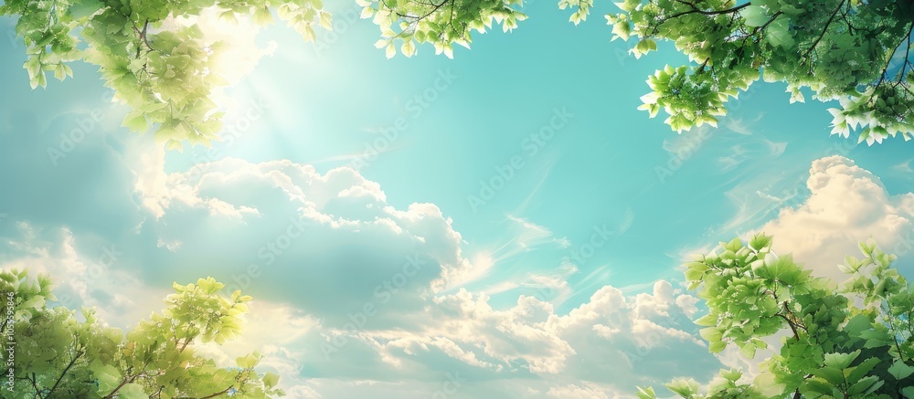 Poster a picturesque scene featuring green tree branches set against a backdrop of fluffy white clouds in a