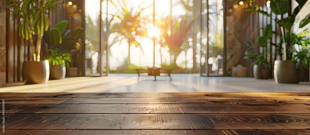 Poster wooden table with copy space image against a stylish hotel lobby background perfect for displaying p