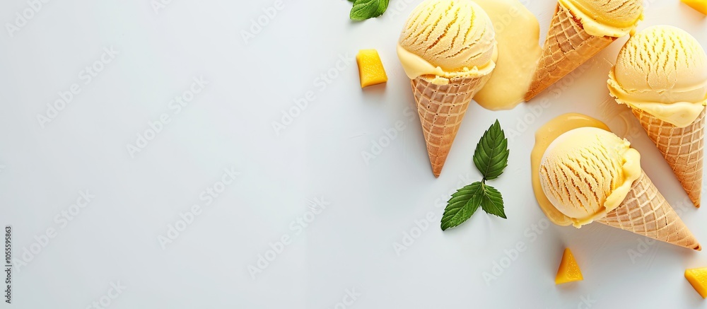 Poster a summer dessert of mango ice cream displayed on a table with copy space seen from a top view in a h