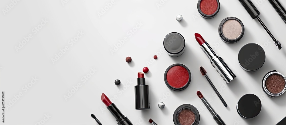 Poster top down view of a collection of beauty essentials like lipstick and eyeshadow neatly arranged on a 