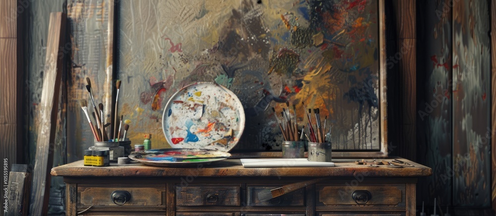 Poster indoor setting with an artist s tools like a palette brushes canvases and paints placed on a wooden 