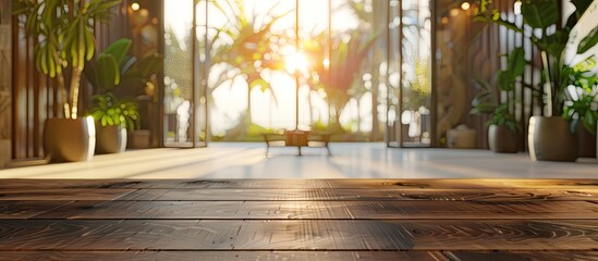 Wooden table with copy space image against a stylish hotel lobby background perfect for displaying products and presentations