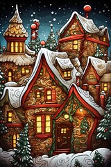 Fototapeta premium Santa Claus village at North Pole. Doodle drawing design. Generative Ai
