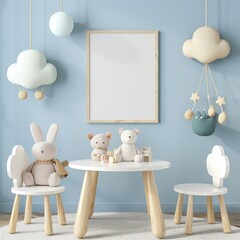 A minimalist nursery room with a white frame mockup. two teddy bears. a bunny rabbit. and a wooden table and chairs