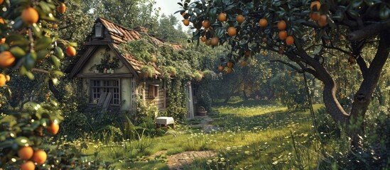 Obraz premium Rustic countryside cottage surrounded by lush fruit trees in the garden with a beautiful view and charming appeal perfect for a copy space image
