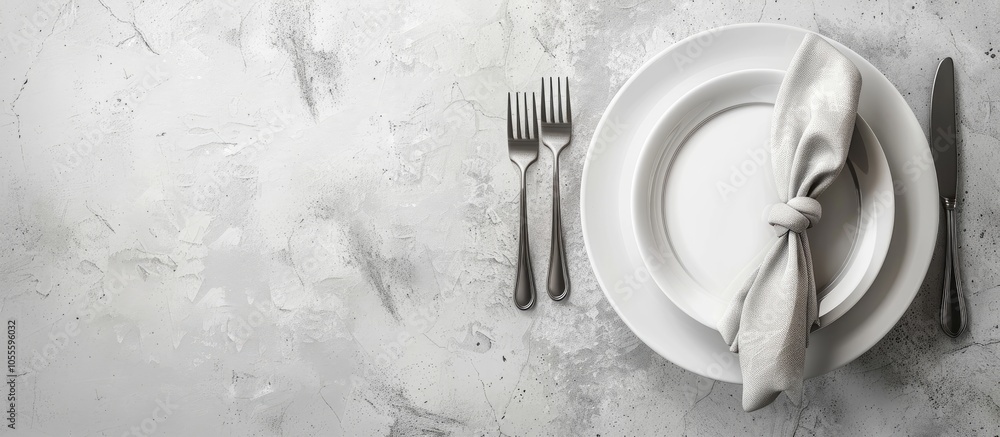 Poster elegant table arrangement with silverware napkin and plates on a light tiled surface seen from above