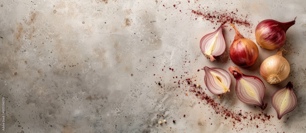 Aufkleber whole and halved onions on a cement background with copy space image isolated horizontally