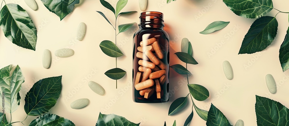Poster top view of a bottle with pills and green leaves on a colored background with copy space image avail