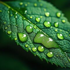 A high-definition macro photograph of crystal-clear water droplets delicately perched on the...