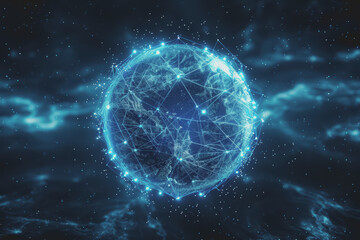 Obraz premium Glowing blue digital sphere with interconnected nodes. represents a global network.