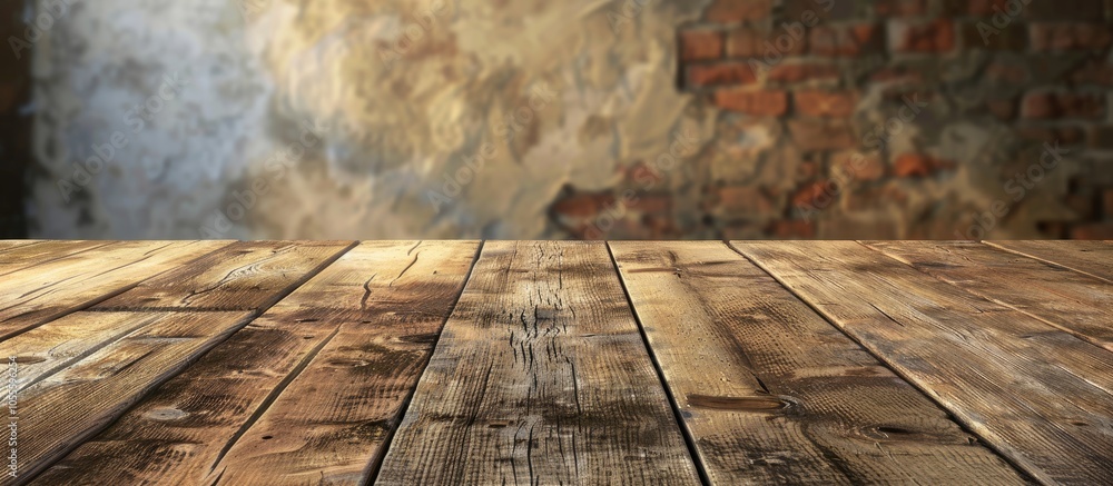 Poster an empty wooden table with a blurred empty wall in the background provides space to showcase product