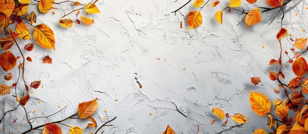 Poster top view of a vintage background with yellow and orange autumn leaves framing a white structured bac
