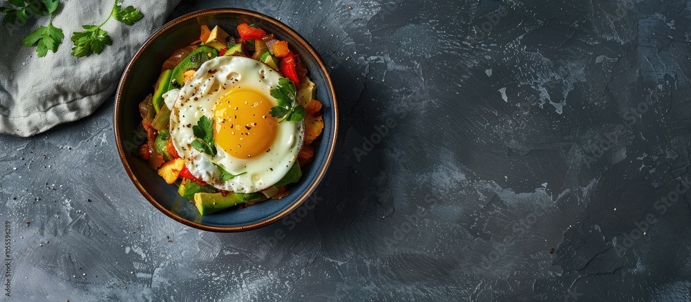Poster top view of a breakfast dish featuring baked avocado and egg on a gray background with ample copy sp