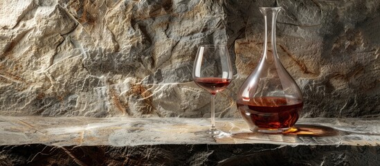 A stylish display featuring a decanter and wine glass on a stone backdrop with ample copy space image provided