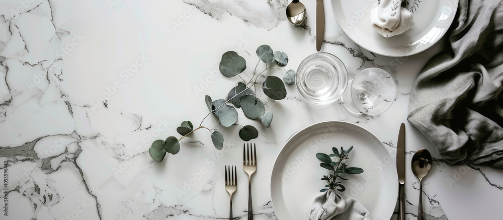 Poster a chic table setting on a white marble table featuring cutlery a napkin plates and a eucalyptus bran