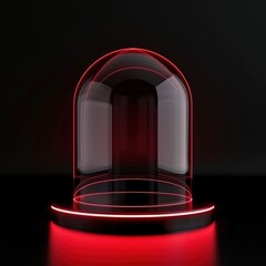 A glass dome with red neon light on a black background