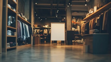 photography editorial , blank banner on the floor in front of clothes shop