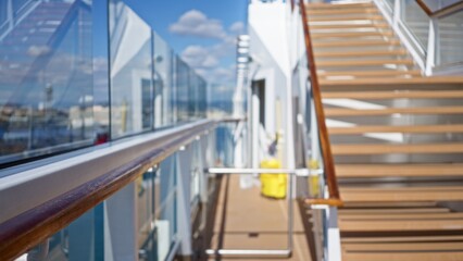 Defocused view shows a luxury cruise outdoors with blurred background and bokeh effect capturing serene atmosphere of vacation and travel in bright sunny weather