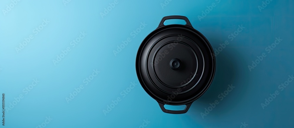 Poster top down view of a dark pot with a cover set against a soft blue backdrop perfect for adding text wi