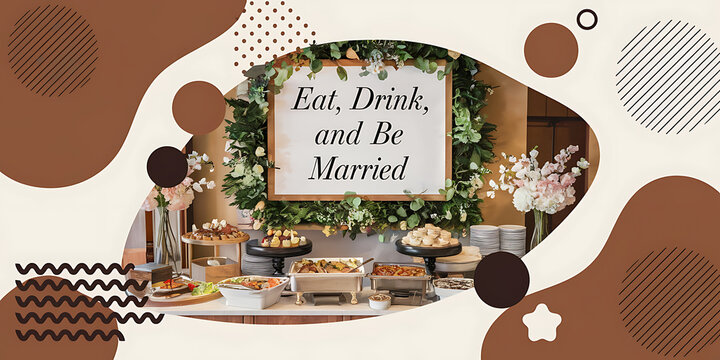 Wedding reception food table with brown and green color scheme  modern abstract design  celebration and love   
