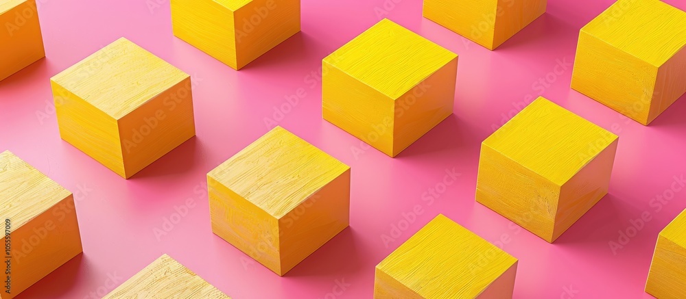 Poster yellow wooden cubes with a pink background convey a final exam message symbolizing the concept and o