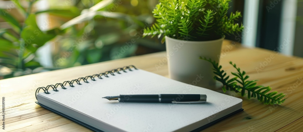 Poster a black pen is placed on a spiral notebook with a plant beside it revealing an open page with space 