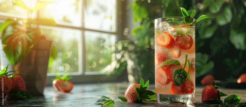 Poster bright summer kitchen with a homemade strawberry and mint cocktail on the table creating a relaxing 