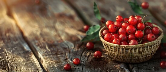 Red bayberry fruits arranged beautifully on a bamboo basket with empty copy space image available