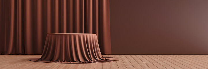 Minimalist brown backdrop with a draped table for product display  perfect for showcasing beauty and lifestyle products   
