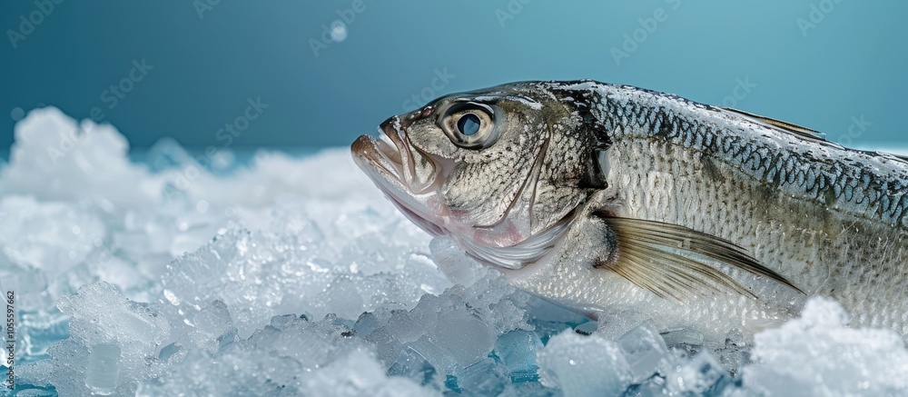 Aufkleber top view of fresh seabass on ice set against a blue background with copy space image available
