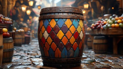 A single wooden barrel painted with bright colors, standing out against a backdrop of a bustling marketplace, photorealistic