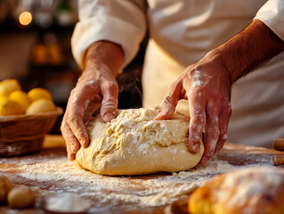 Fototapeta premium The hands knead the dough on a floured surface and prepare homemade bread in a cozy kitchen environment. AI generative.