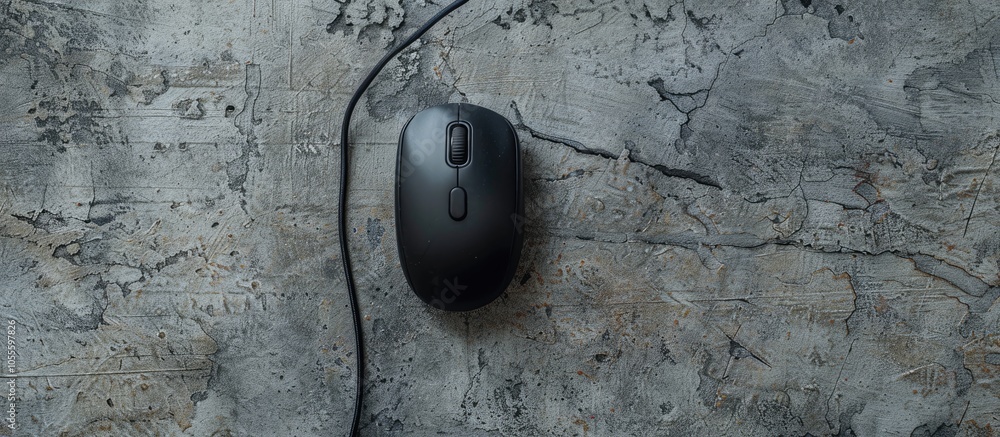 Poster top down view of a wired mouse on a textured grey surface with room for text around the copy space i
