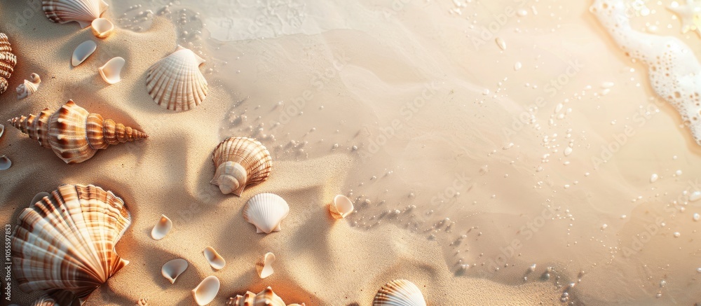 Poster seashells of different shapes and sizes scattered across the sandy beach with an empty space for ins