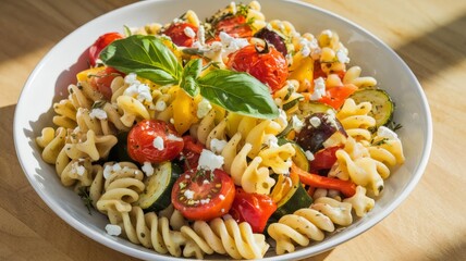 Fresh pasta salad with tomatoes, zucchini, and basil on white plate