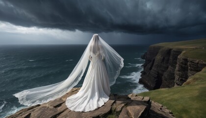 Dead bride in flowing wedding dress standing on cliff overlooking stormy sea