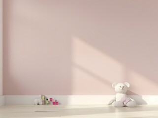 Minimalist nursery room with a teddy bear and wooden blocks on a light wooden floor and a pink wall