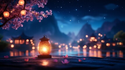 Tranquil lantern by a serene riverside at night